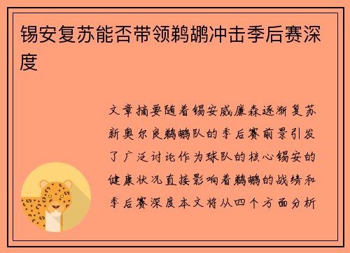 锡安复苏能否带领鹈鹕冲击季后赛深度